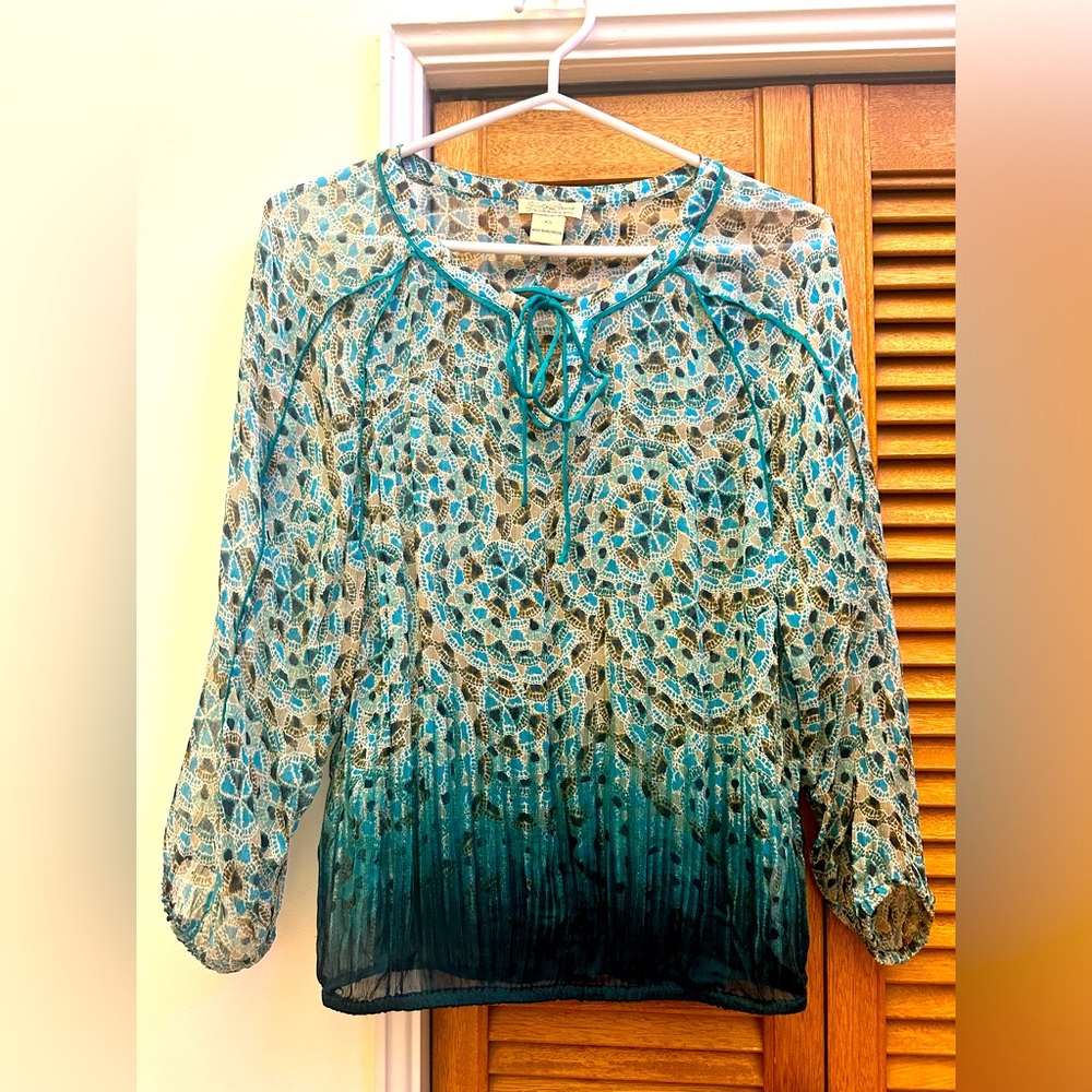 Lucky Brand Live In Love Turquoise Print 100% Rayon XS Blouse
